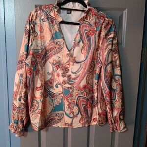 SHEIN Paisley Print V-Neck Long Sleeve Blouse - Teal, Cream, Coral